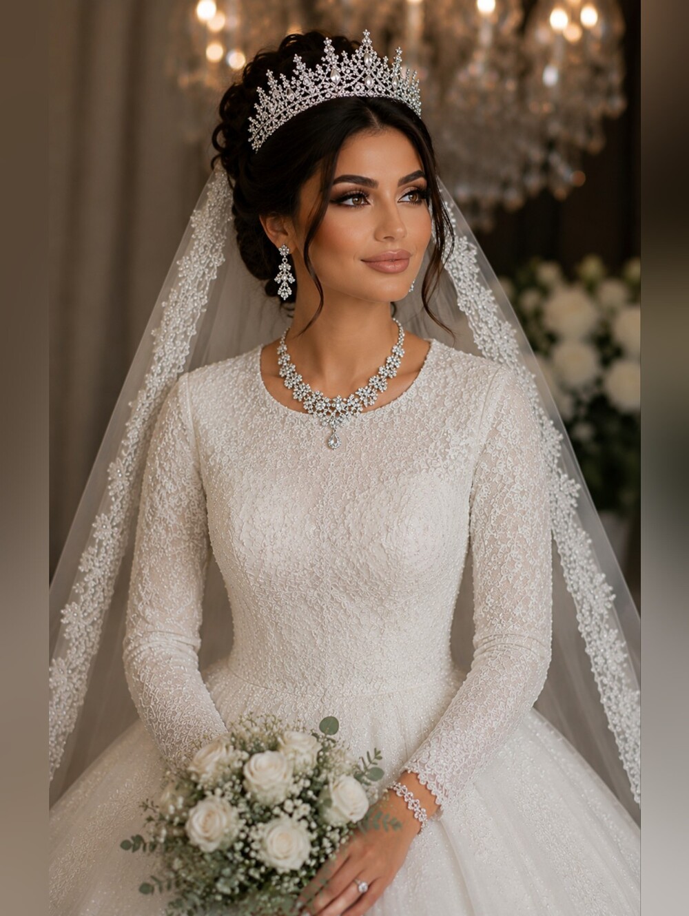 Luxury Bridal Jewelry Set Silver Crystal Tiara Crown Necklace Earrings 3pc